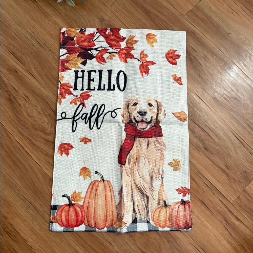 ~Hello Fall Dog and Pumpkin Small Garden Flag~